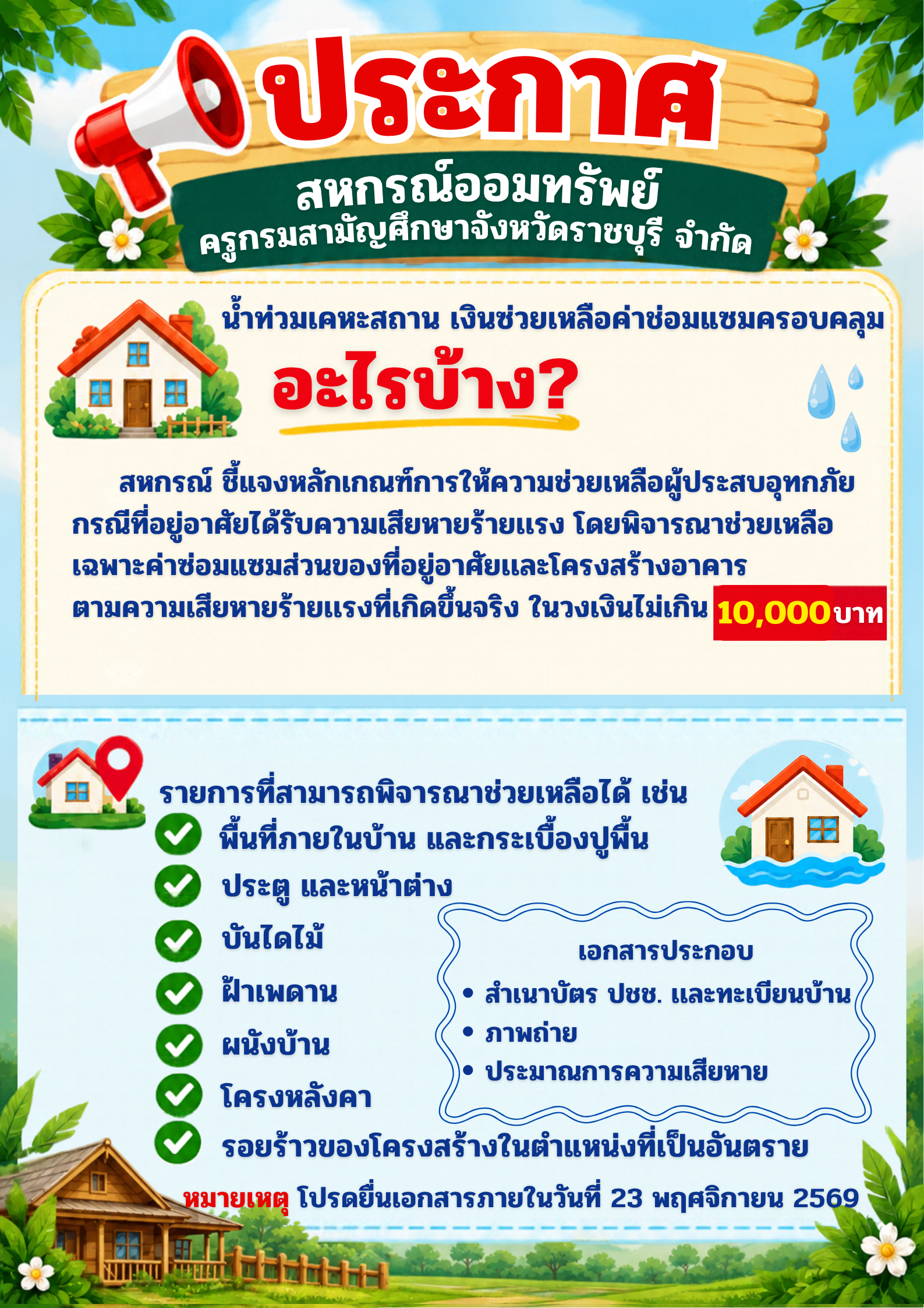 ประกาศช่วยเหลือค่าซ่อมแซมเคหะสถานกรณีอุทกภัย